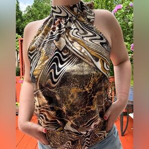 Cache Black and Gold Abstract Halter Top